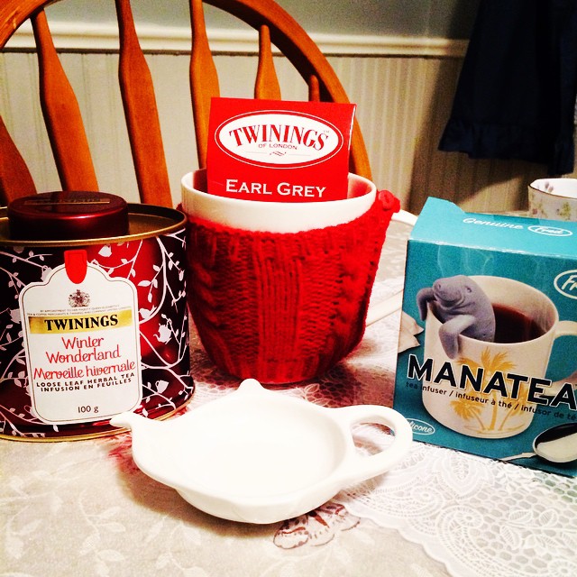 My tea related gifts from hubby. So excited to try out Winter Wonderland in my Manatea. :) #notforsale #mine #winter #tea #twinings #teatime